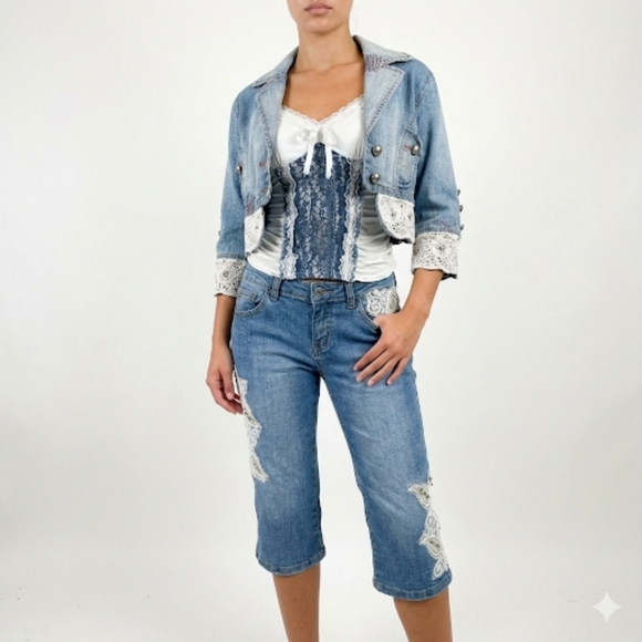 Miss F&2 Vintage Lace Trim Cream Blue Top and Shorts - Picture 1 of 10